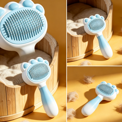 Gradient Paw Shaped Pet Slicker Brush - Blue & White Ombre Grooming Tool for Pets with Self-Cleaning Pins