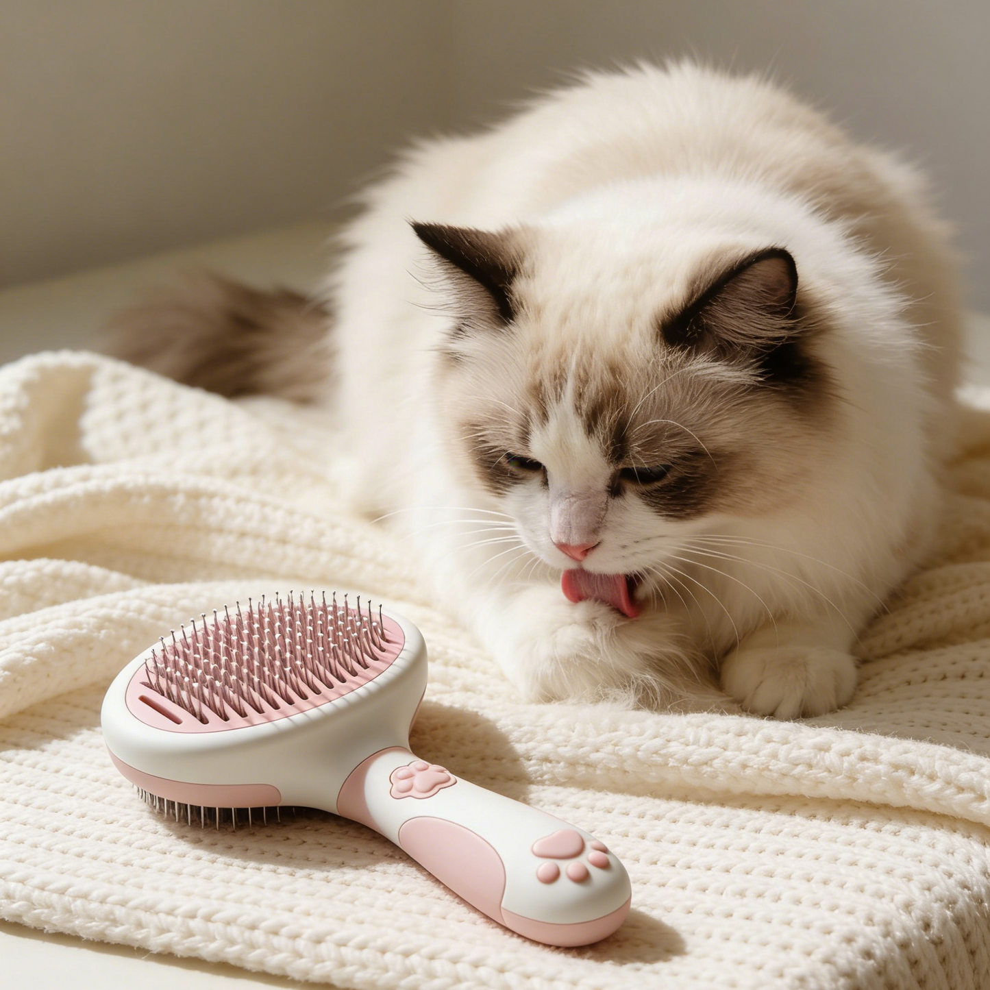 Paw Print Self-Cleaning Pet Slicker Brush - Pink & White Grooming Tool for Cats & Dogs with Deshedding Pins