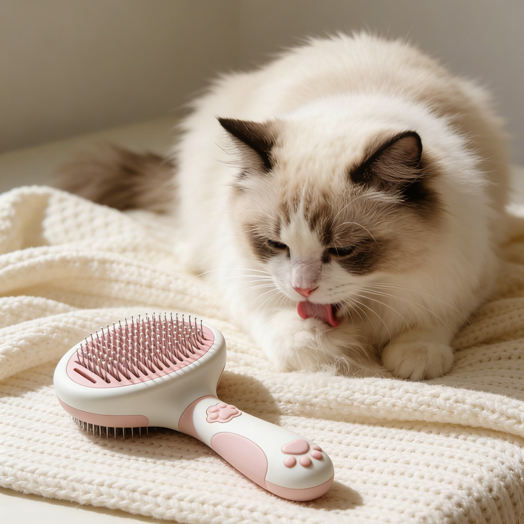 Paw Print Self-Cleaning Pet Slicker Brush - Pink & White Grooming Tool for Cats & Dogs with Deshedding Pins