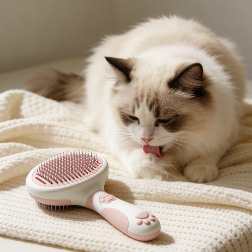 Paw Print Self-Cleaning Pet Slicker Brush - Pink & White Grooming Tool for Cats & Dogs with Deshedding Pins