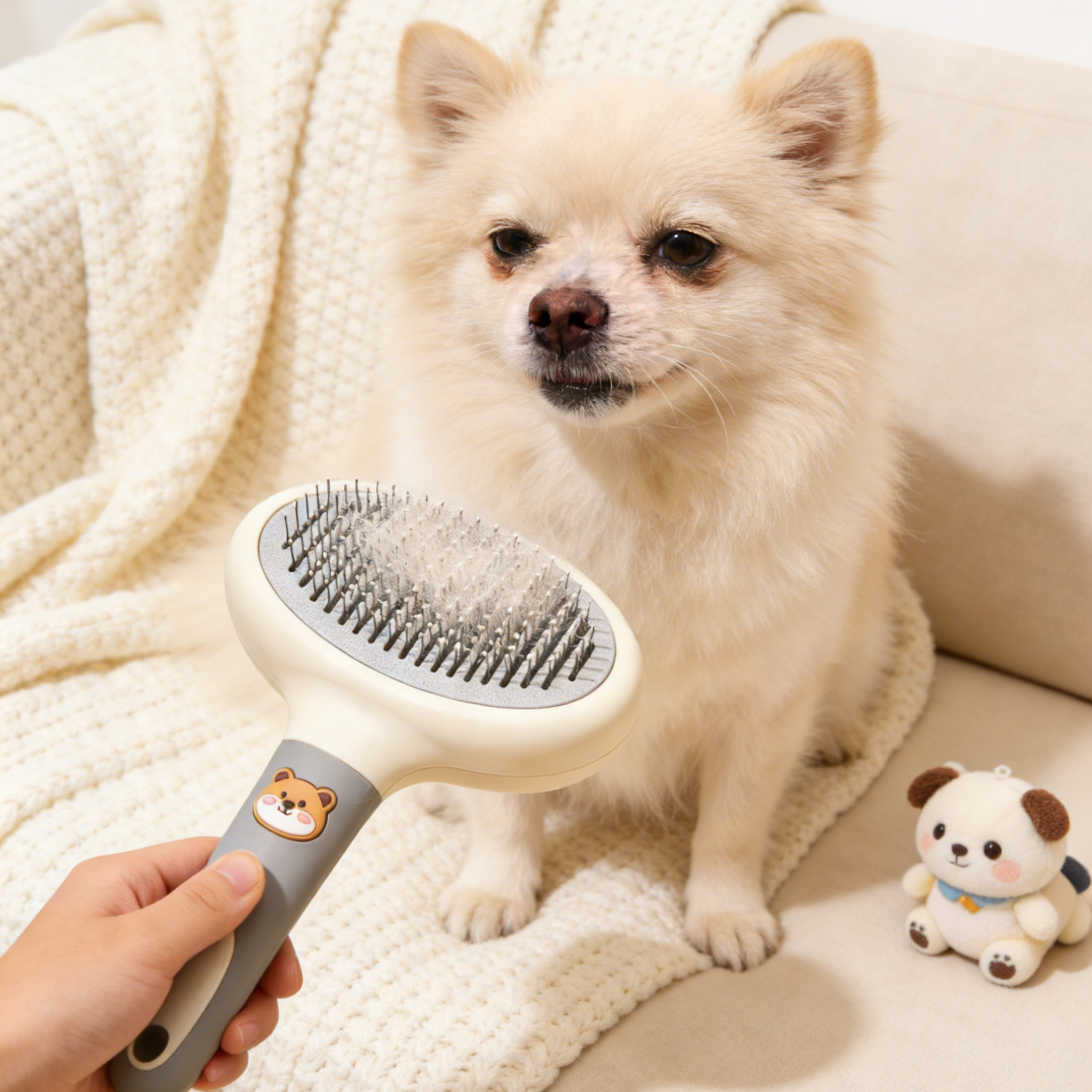 Cute Bear Self-Cleaning Pet Slicker Brush - Grey & Beige Grooming Tool for Dogs & Cats with Loose Hair Removal