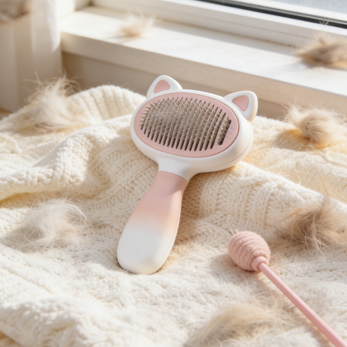 Gradient Cat Ear Pet Slicker Brush - Pink & White Ombre Grooming Tool for Cats with Self-Cleaning Pins