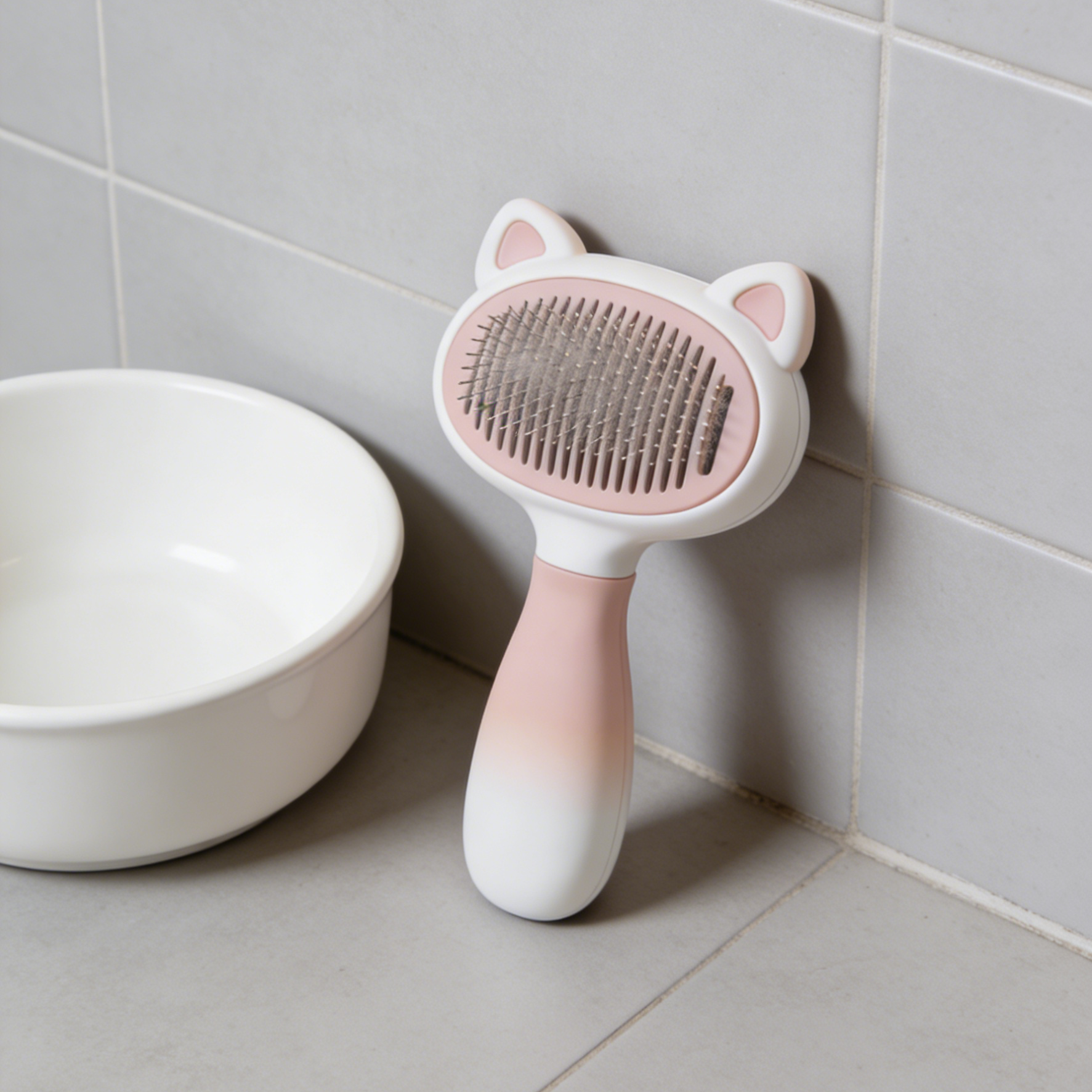 Gradient Cat Ear Pet Slicker Brush - Pink & White Ombre Grooming Tool for Cats with Self-Cleaning Pins